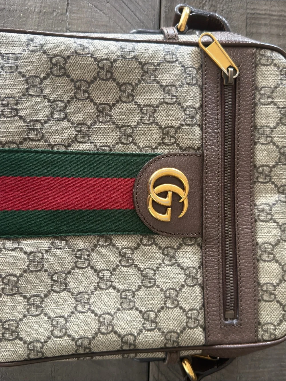 Gucci Beige GG Supreme Messenger Bag with Brown Trim and Green/Red Web